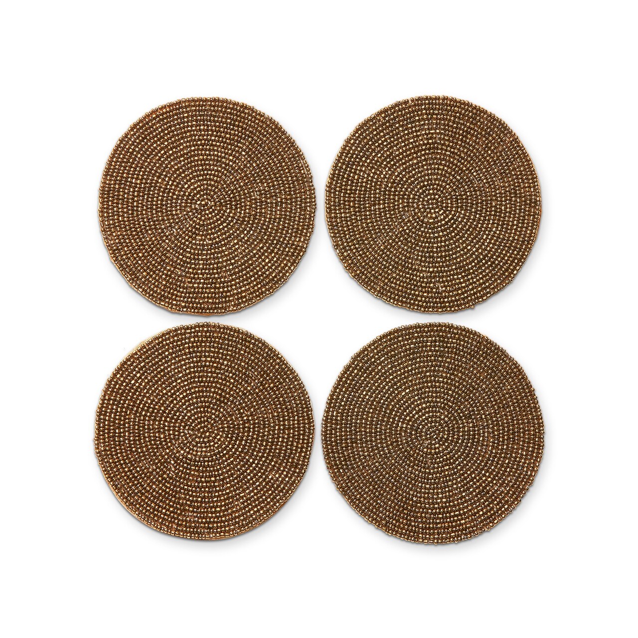 Set of 4 Round Beaded Coasters in Antique Gold Glass for Everyday Use - 4 inches Diameter, Wipe Clean with Soft Cloth